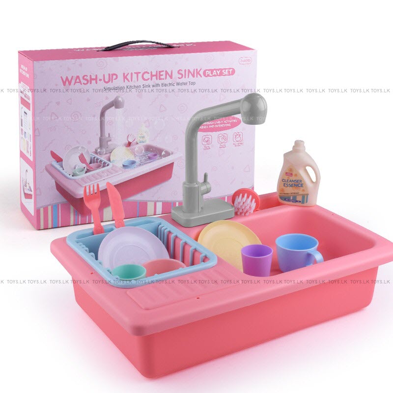 Wash-up Kitchen Sink Role Play Playset with Simulated Electric Water Tap and Accessories