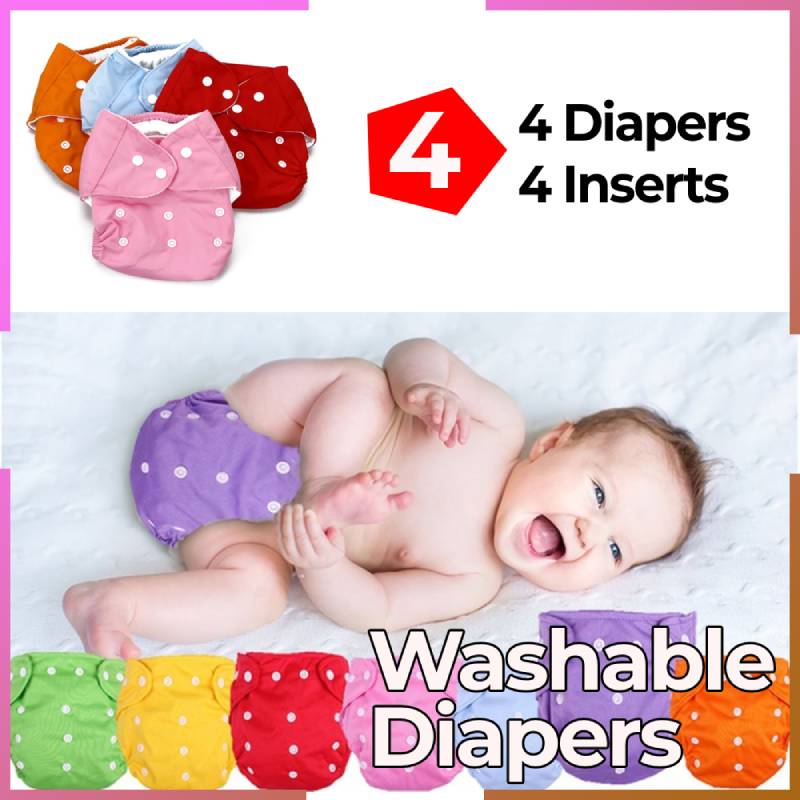 Washable Cloth Diapers Pack - 4 diapers and 4 insert